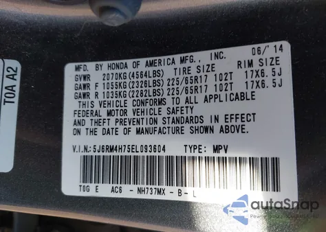 2014 Honda Cr-V Ex-L z USA, uszkodzony, nr VIN 5J6RM4H75EL093604